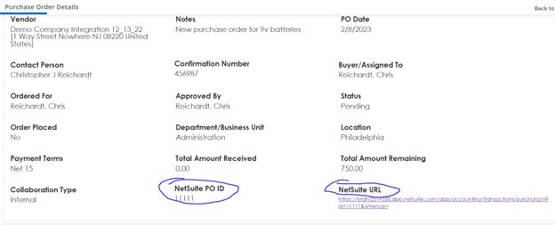 The NetSuite PO ID and NetSuite URL fields on the Contract Insight Purchase Order Details screen are circled.