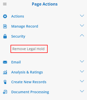 Click Remove Legal Hold in the side menu under Security