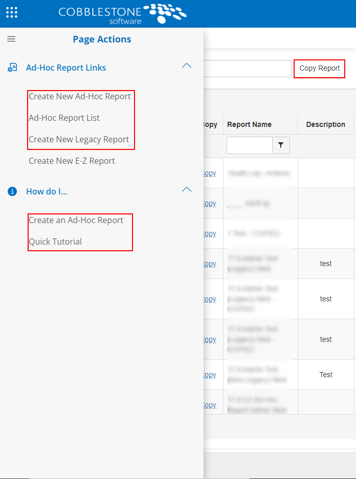 Reports List Side Menu