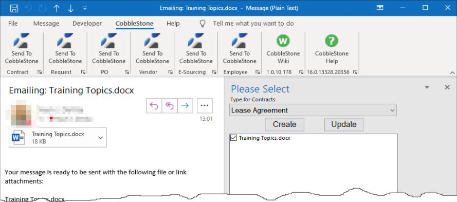 The CobbleStone® Outlook Plugin being used to send an attachment to CobbleStone® as a Contract Record.