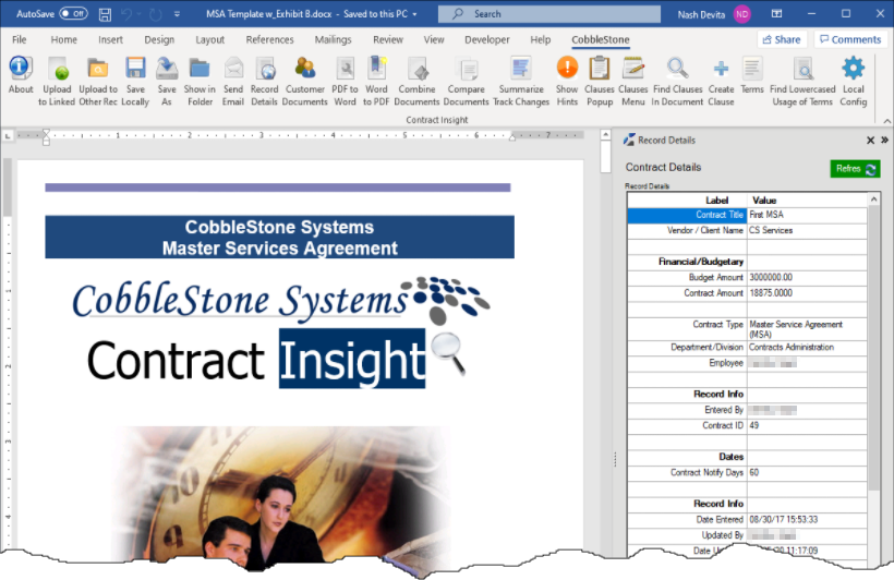 A Word Document using the Cobblestone Plug-In. The CobbleStone Record Details display on the side panel.