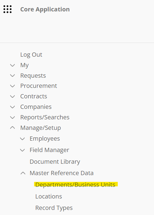 The ContractInsight Main Menu. Departments/Business Units is highlighted in the Master Reference Data subsection