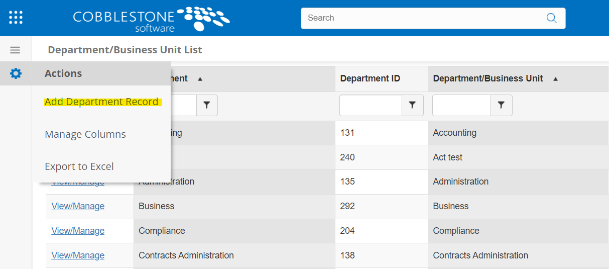 The Actions Menu on the Department/Business Unit List page. Add Department Record is highlighted.