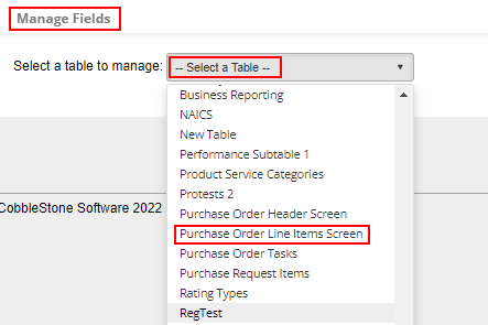 Select the Purchase Order Line Items Screen table from the drop-down