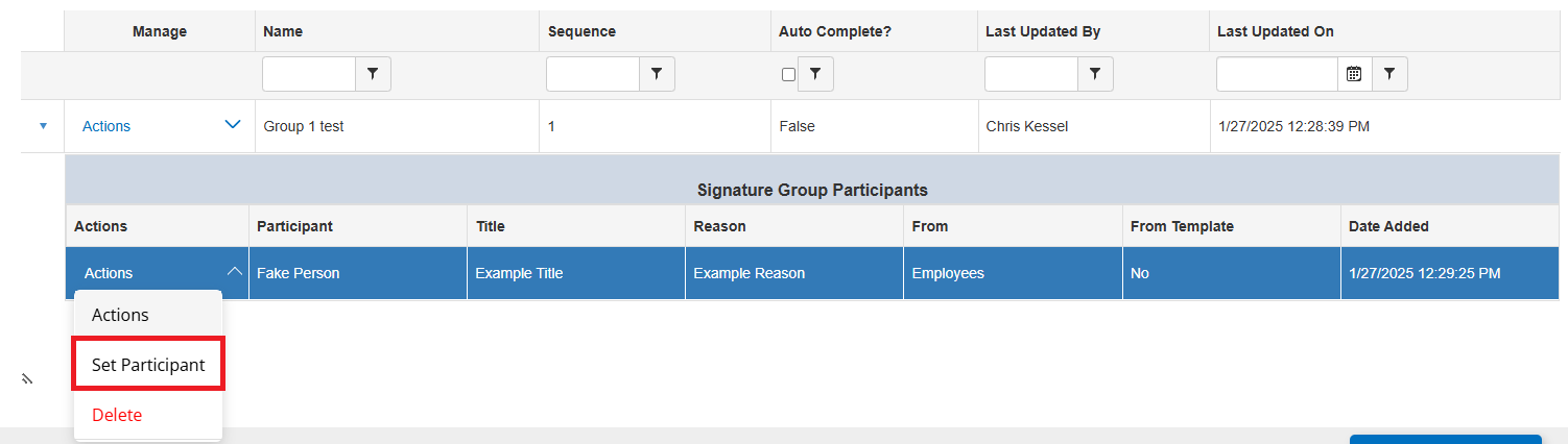 Click Set Participant to set a new participant on the already existing participant.