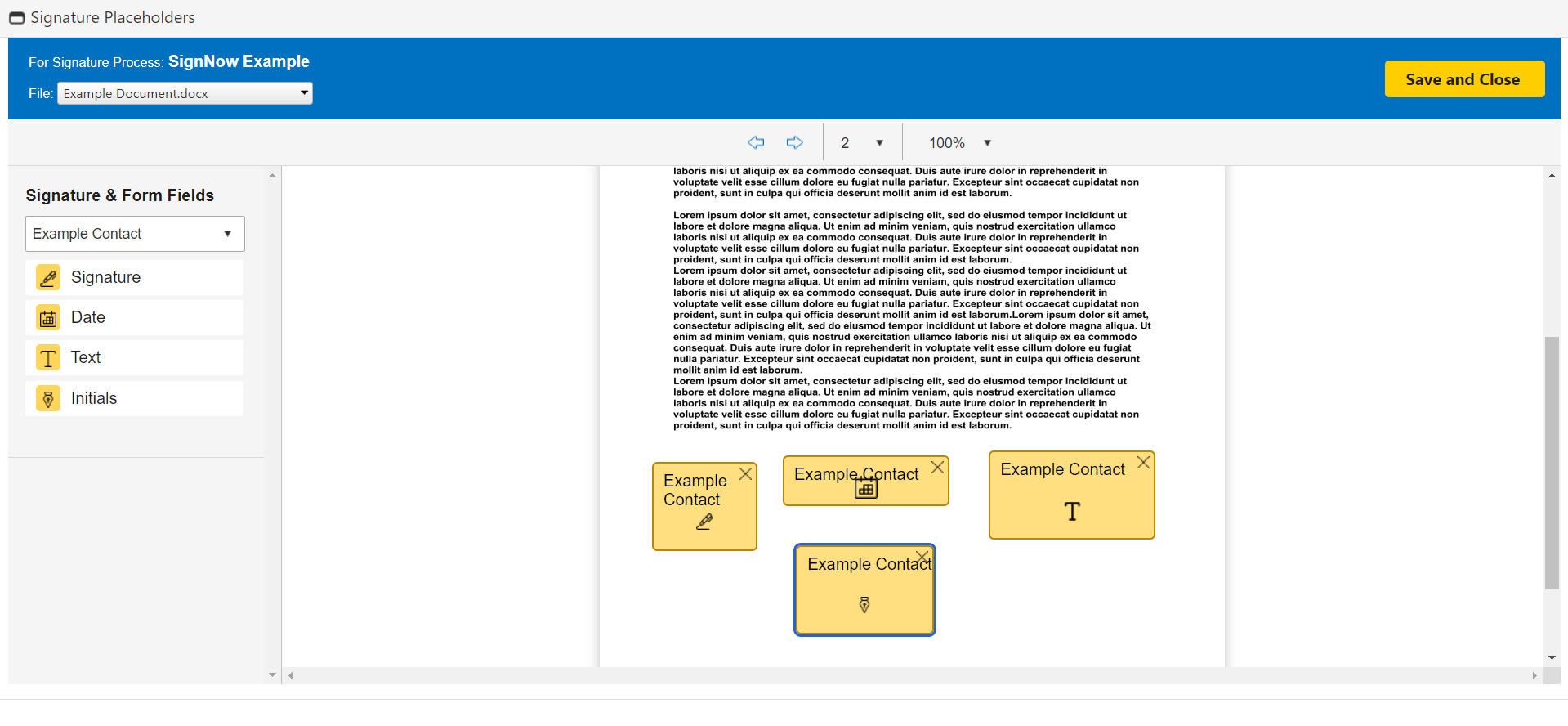 eSignature process to place placeholders for individuals to sign the document