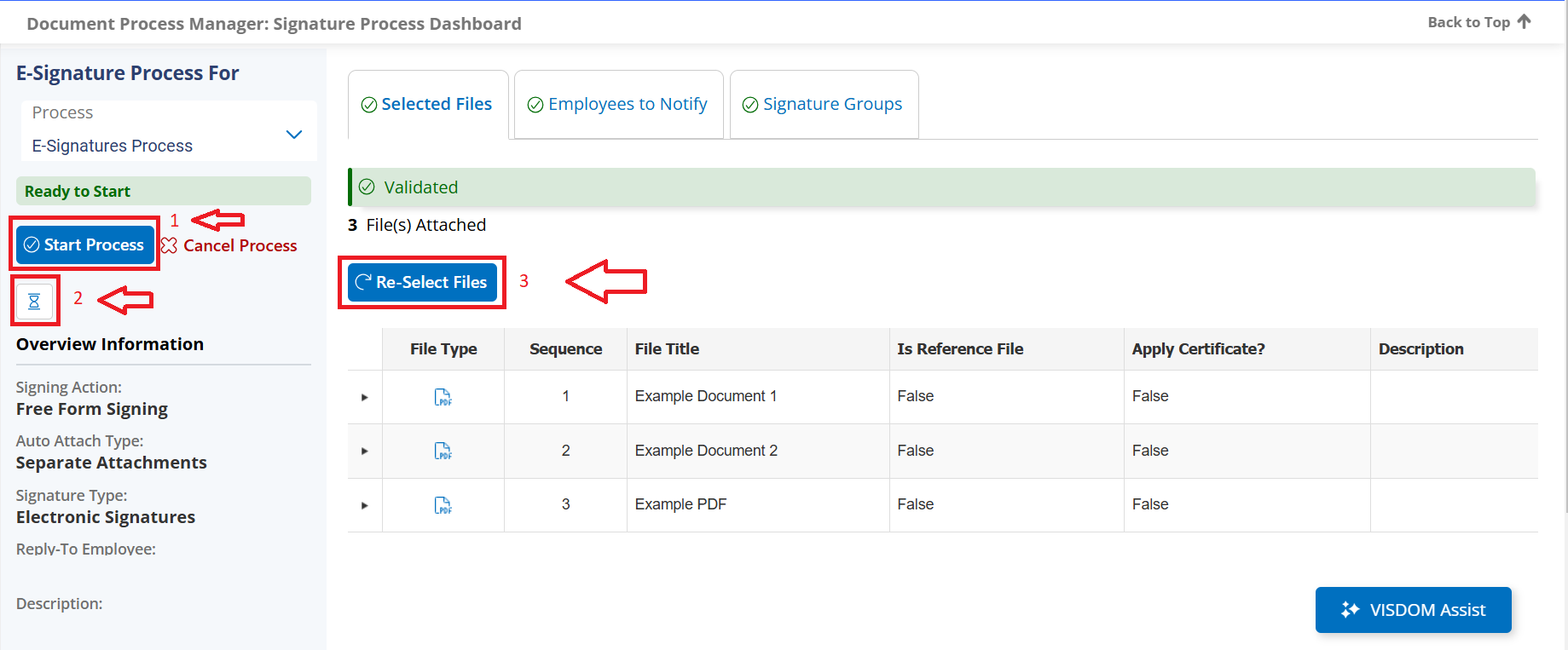 This is the signature process dashboard and the image will show where you can access History, Re-Selecting Files, and Starting the process.