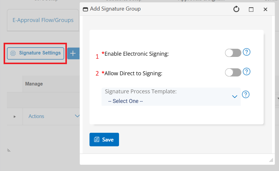 Signature settings to be configured on the template.