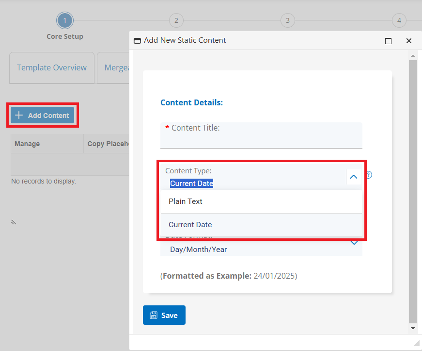 Set the type of static content you would like to use in the Document Template.