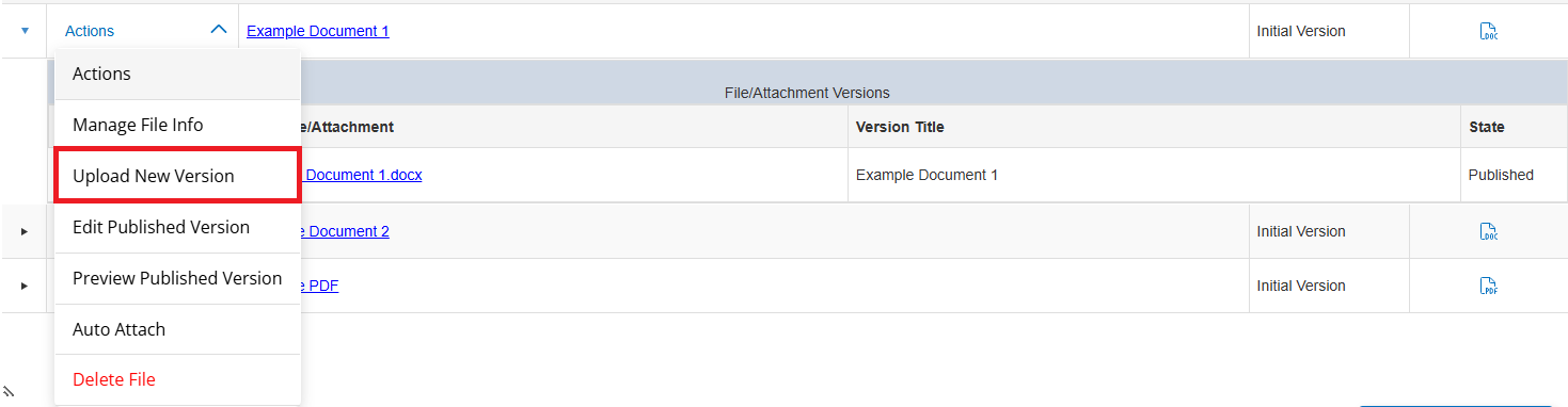 Click Upload New Version and attach your document to upload a new version of the file.