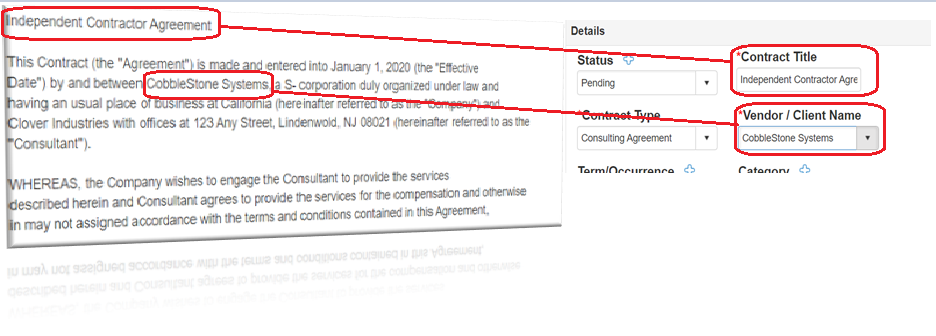 A split screen. On the right side is a detail page in ContractInsight with the Contract Title and Vendor/Client Name fields circled. Two corresponding lines are drawn to the left side of the image, which is a contract. The Contract Title and Vendor Name are circled.