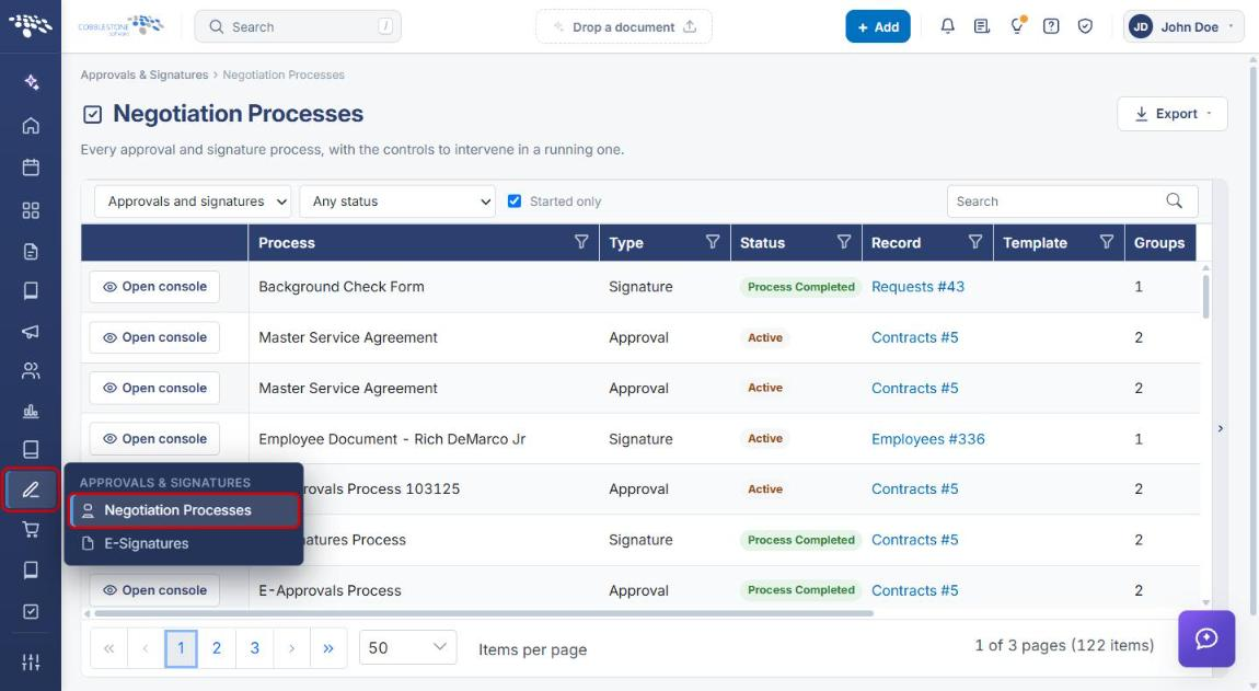 Approvals and Signatures menu with Negotiation Processes highlighted