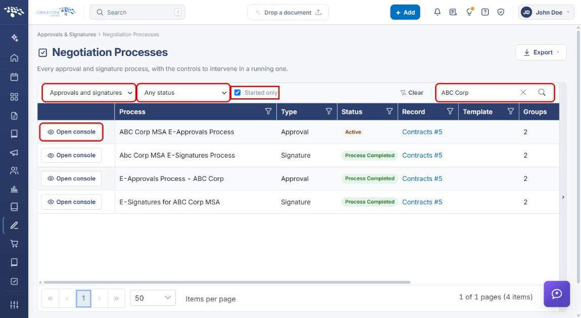 Negotiation Processes list with type and status filters, Started only, Search and Open console highlighted
