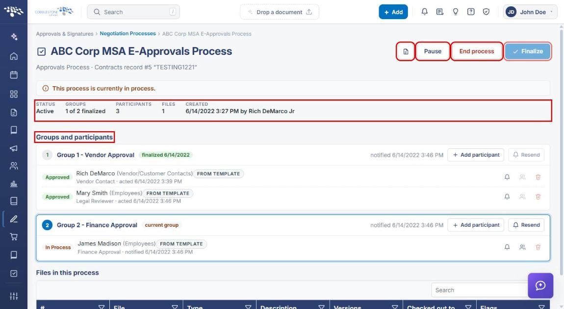Approval process console with Open record, Pause, End process, Finalize, summary and Groups and participants highlighted