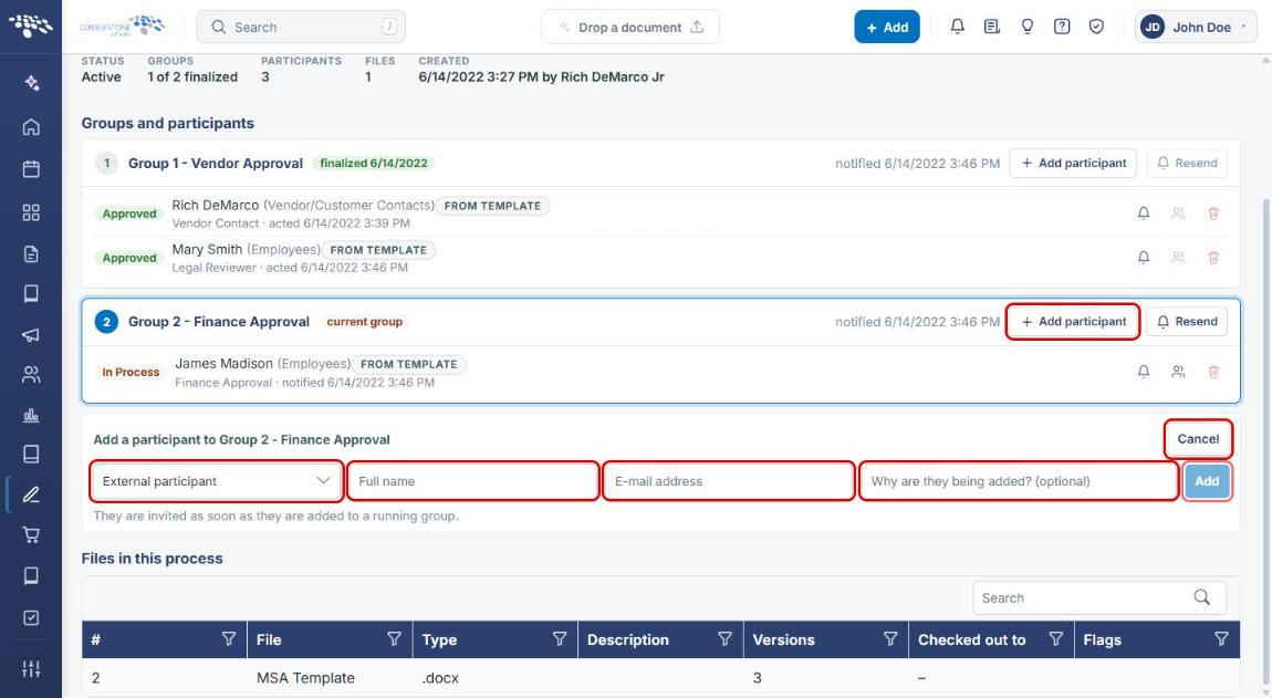 Add a participant form with participant type, Full name, E-mail address, reason, Add and Cancel highlighted