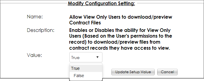 The Modify Configuration Setting box. The Value dropdown menu is displayed.