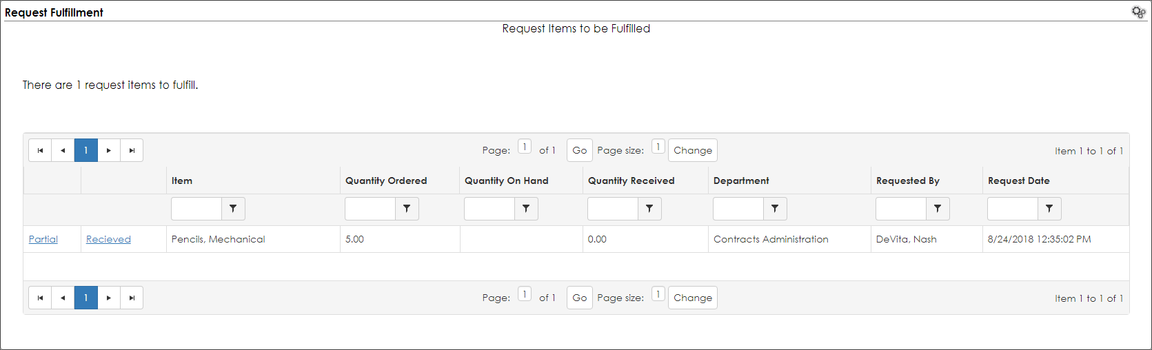 Click Fulfill Requests to view all line item requests open and perform a partial or complete fulfillment as within a PO itself.