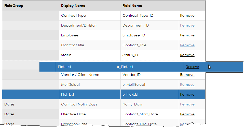 Admin users may order the fields assigned to a type via drag and drop.