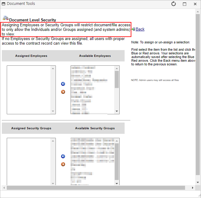 Document Level Security: Assign Employees screen displays