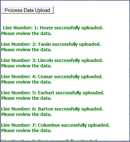 Process Data Upload screen