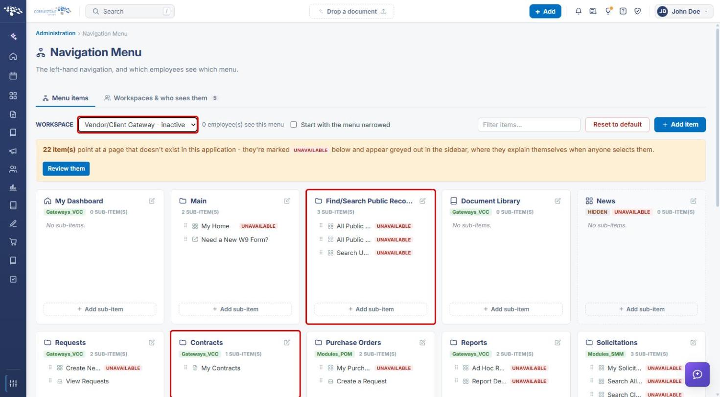 Navigation Menu with the Vendor/Client Gateway workspace, Find/Search Public Records group, and Contracts group highlighted