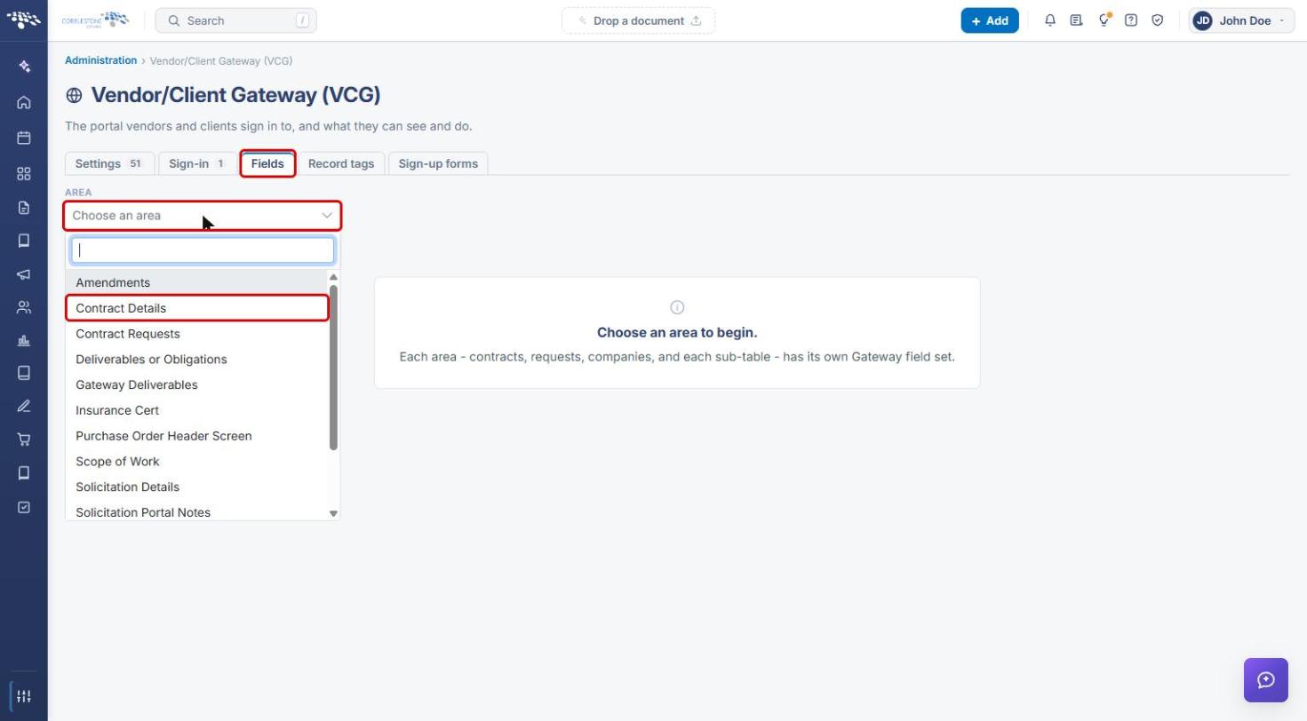 VCG Fields tab with the Area dropdown and Contract Details option highlighted