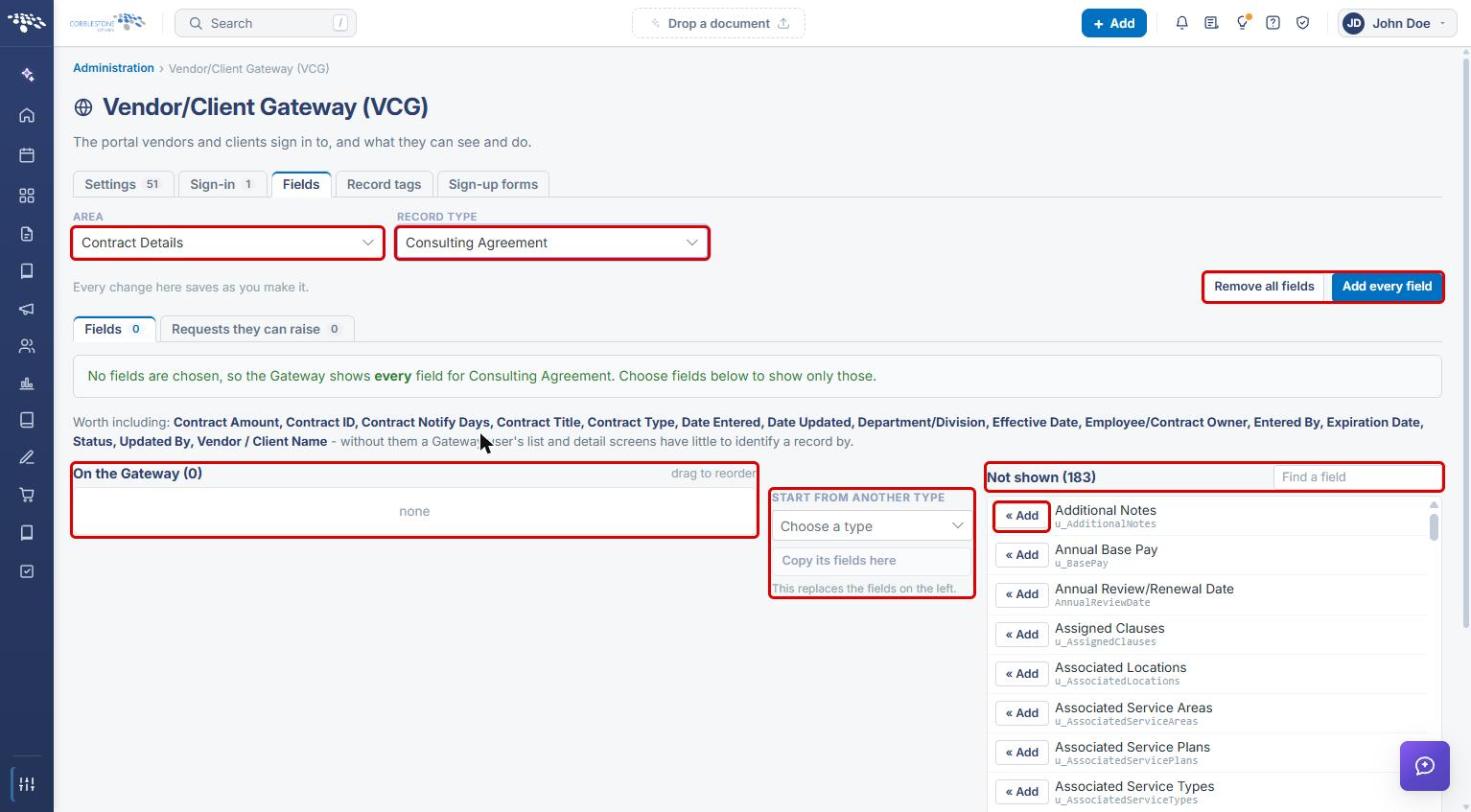 Fields tab for Contract Details with Area, Record Type, Add every field, On the Gateway, Start from another type, Not shown, and Add highlighted