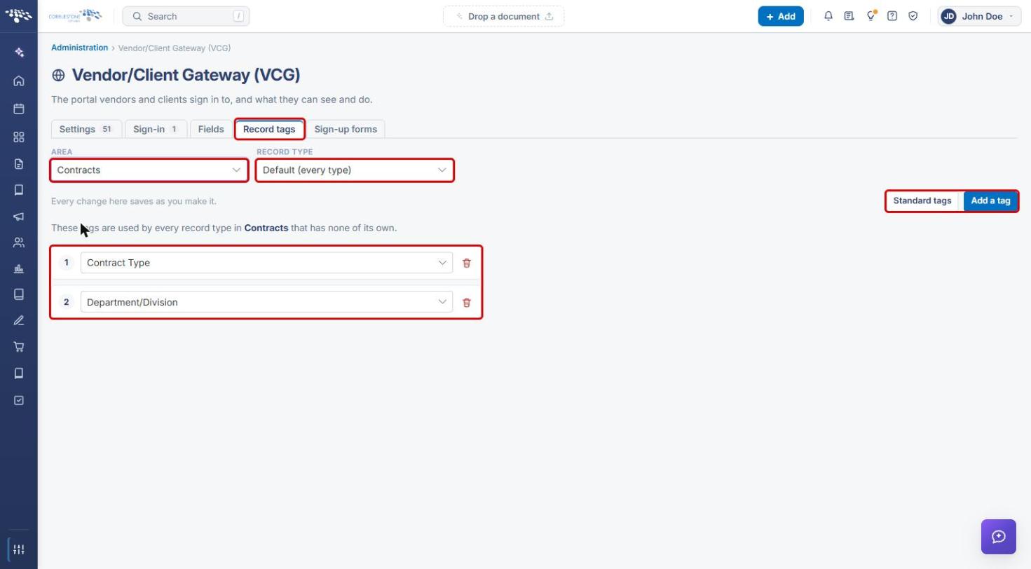 Record tags tab with Area Contracts, Record Type Default, Standard tags, Add a tag, and the tag list highlighted