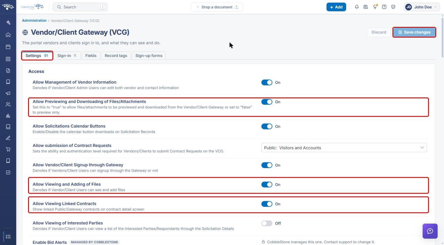 VCG Settings tab Access section with Allow Previewing and Downloading of Files, Allow Viewing and Adding of Files, Allow Viewing Linked Contracts, and Save changes highlighted
