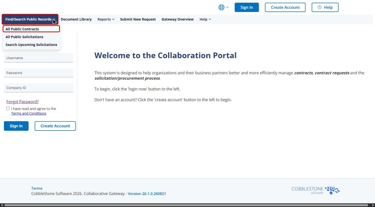Gateway menu with Find/Search Public Records and All Public Contracts highlighted