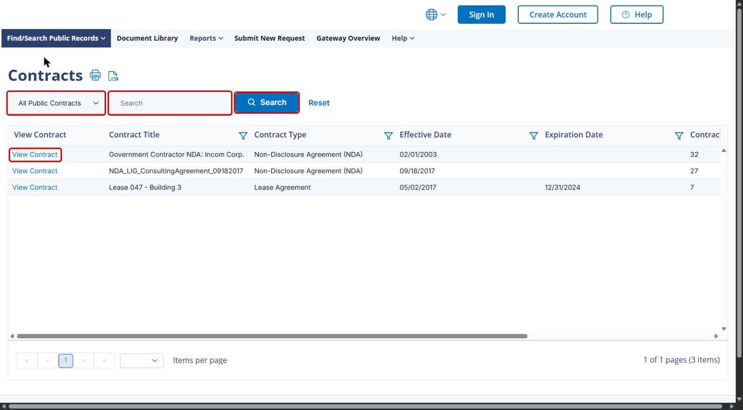 Gateway Contracts list with the list selector, Search box, Search button, and View Contract link highlighted