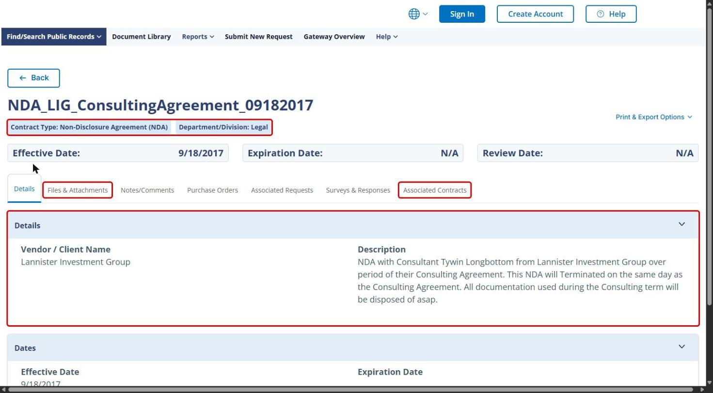 Gateway contract record with record tags, Files and Attachments tab, Associated Contracts tab, and Details section highlighted