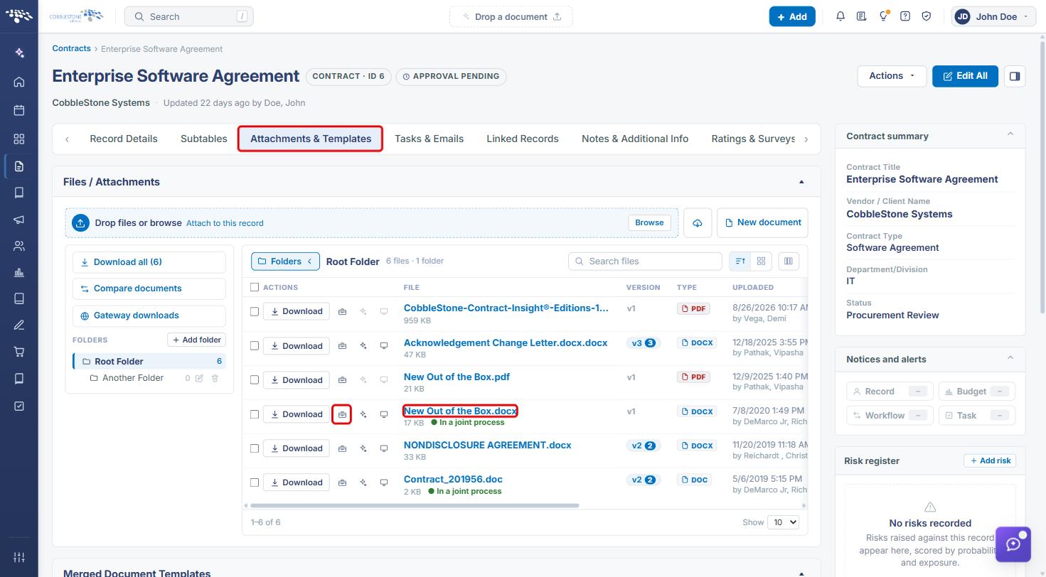 Attachments and Templates tab with a file and its Document tools icon highlighted