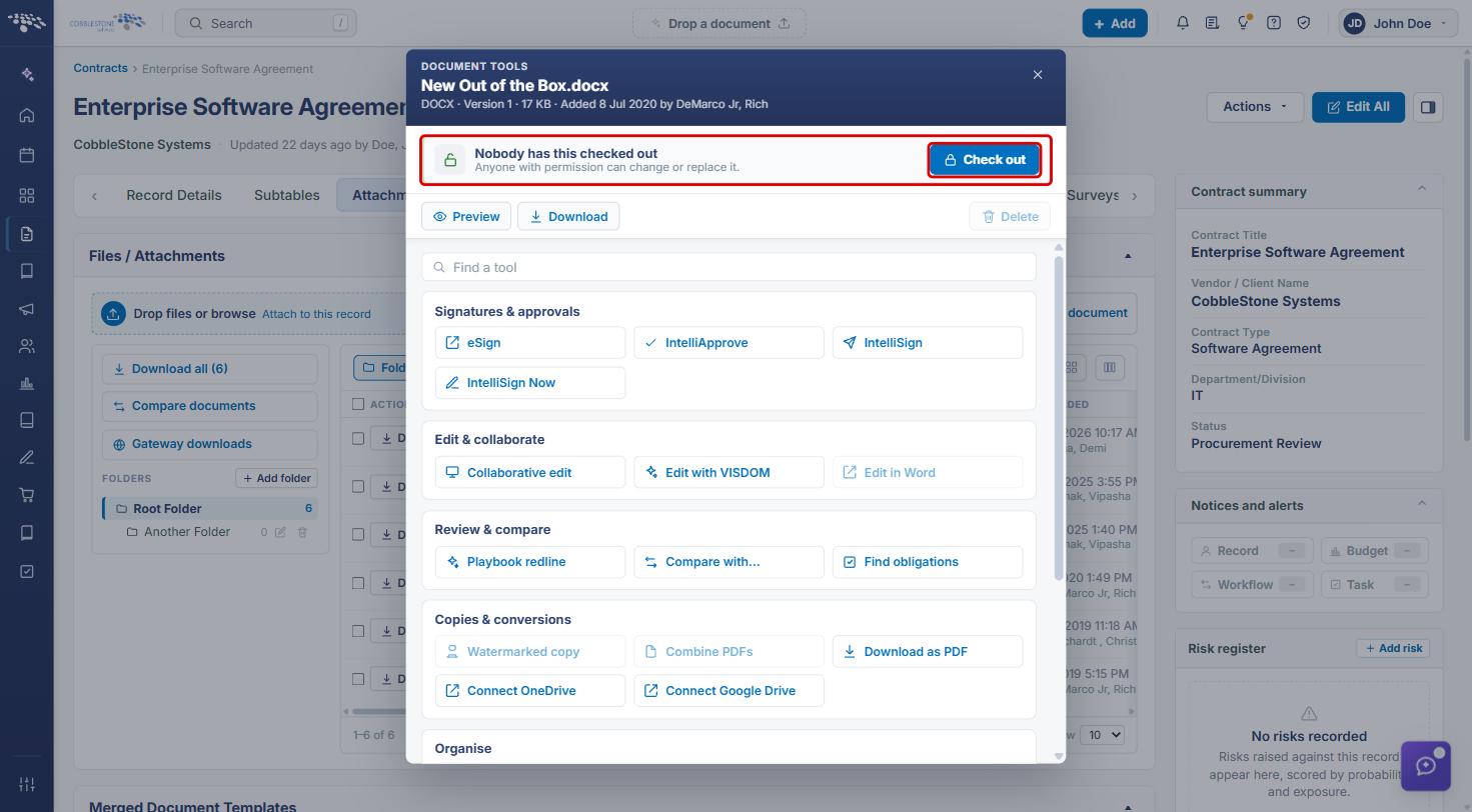 Document Tools panel showing Nobody has this checked out and the Check out button