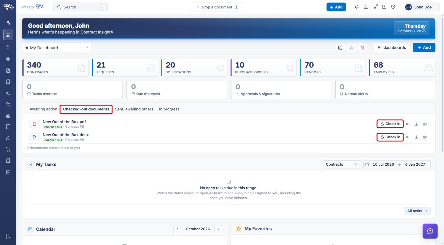 Homepage Checked-out documents tab with Check in buttons highlighted