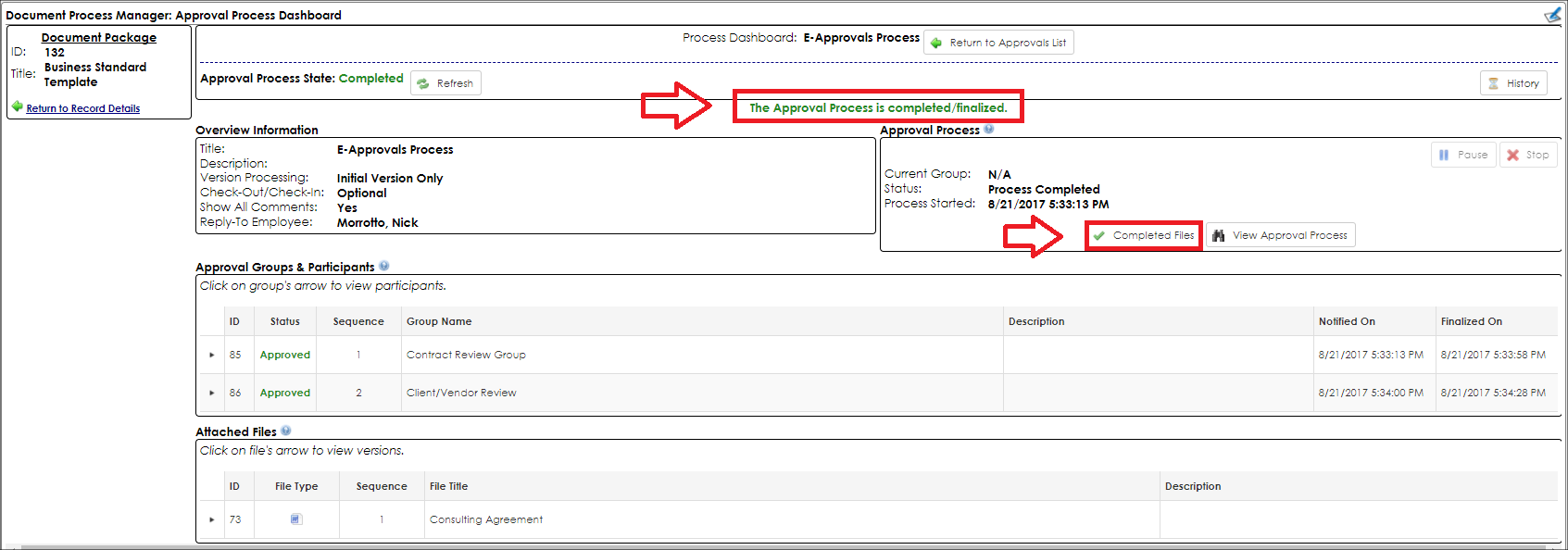 Completed Approval Process Dashboard