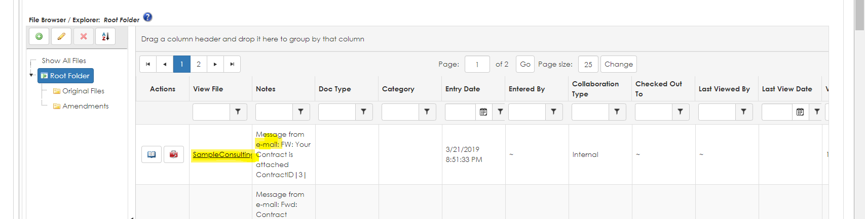 The Sample Consulting File is highlighted in the Contract Record's Files and Attachments section