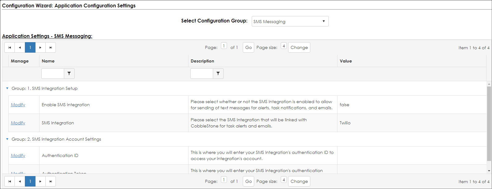 The SMS Messaging Configuration Group page