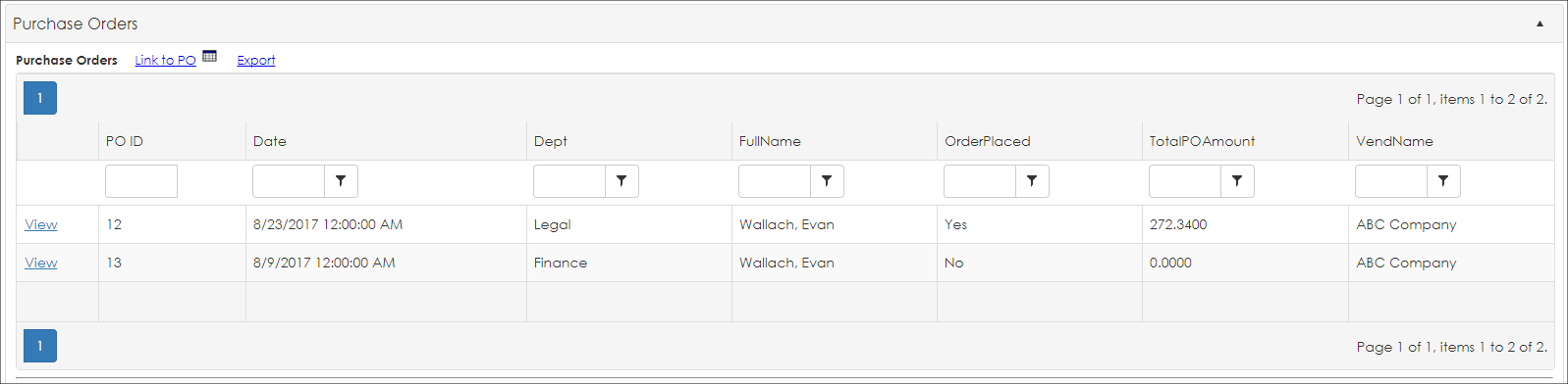 Scroll down to Purchase Order section on Contracts to access Line Item Grid