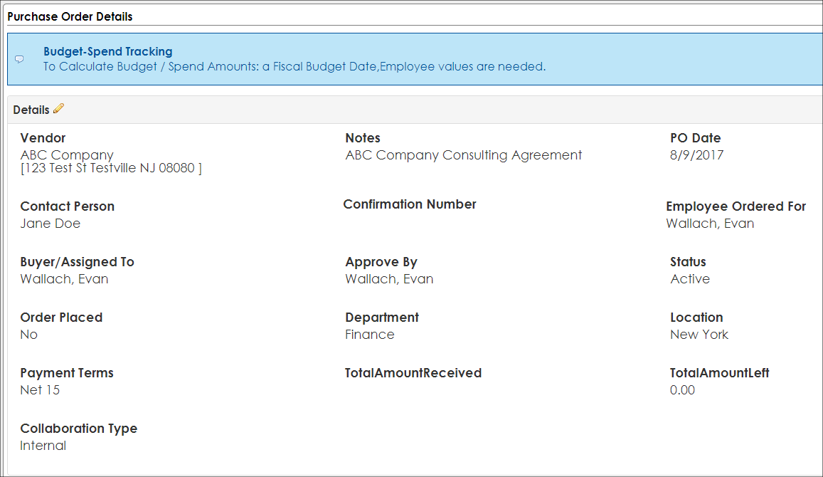 PO Details screen with populated fields from our entered values