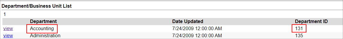 The Depart/Business Unit List. The Department Name and Department ID are highlighted for the first item on the list, Accounting.