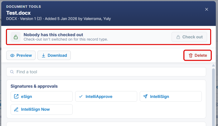 Document Tools window with the check-out status and Delete button highlighted