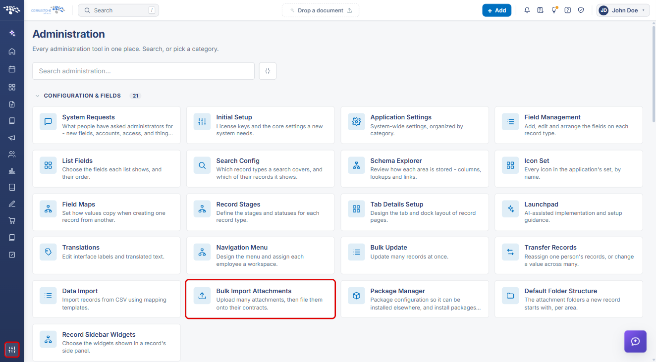 Administration page with the Administration icon and Bulk Import Attachments highlighted