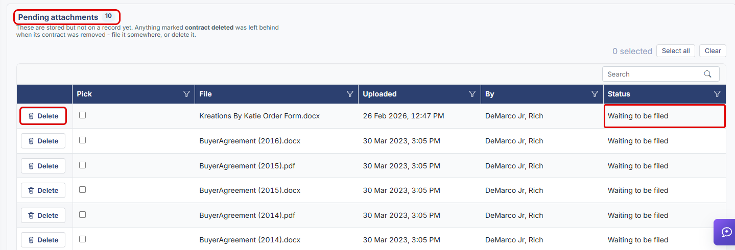 Pending attachments list with the Delete button and Status column highlighted