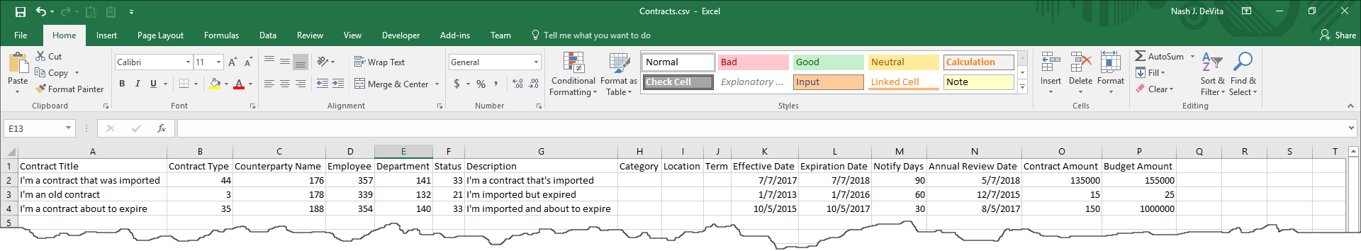 A csv file of a template open in Excel