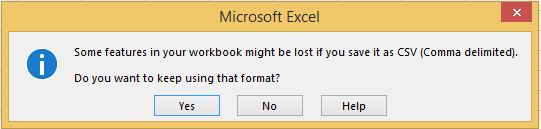 Microsoft Excel error message that displays when saving a file as a CSV