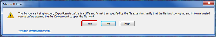 Click Yes to open the Excel File