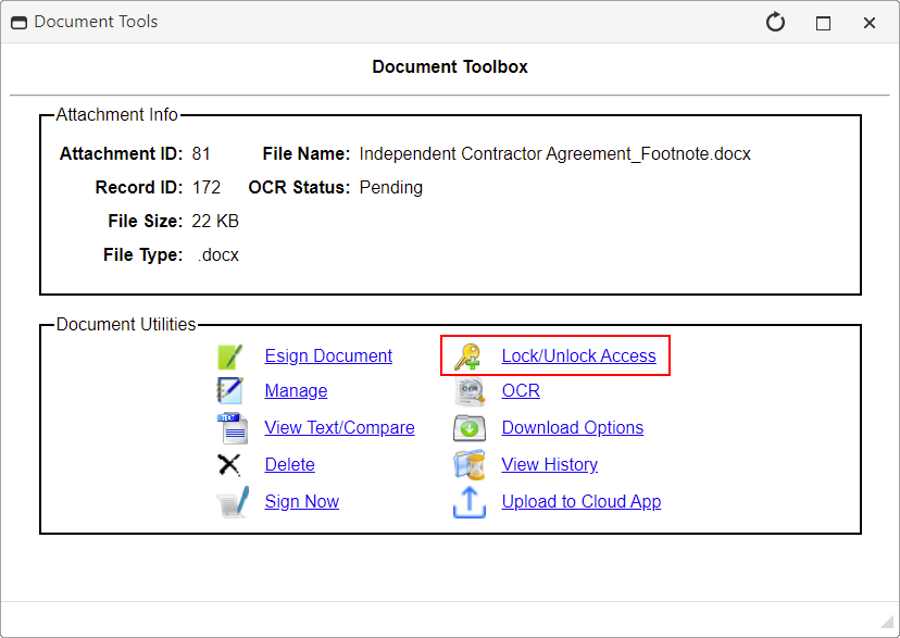 Lock/Unlock Access inside of Document Toolbox