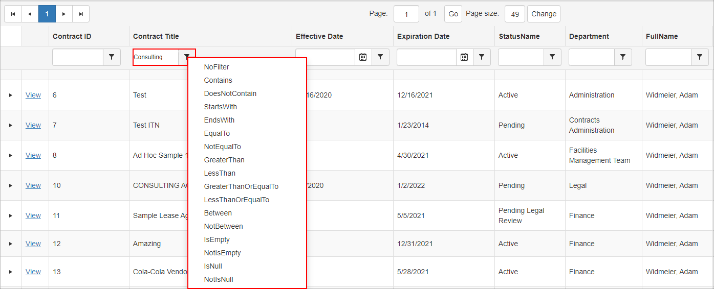 Find/Search Contracts can be filtered by entering filter criteria in the appropriate column.