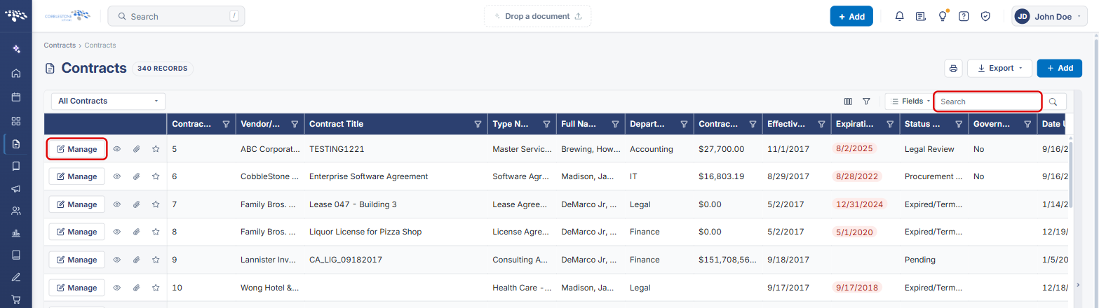 Contracts list with the Manage button and Search box highlighted